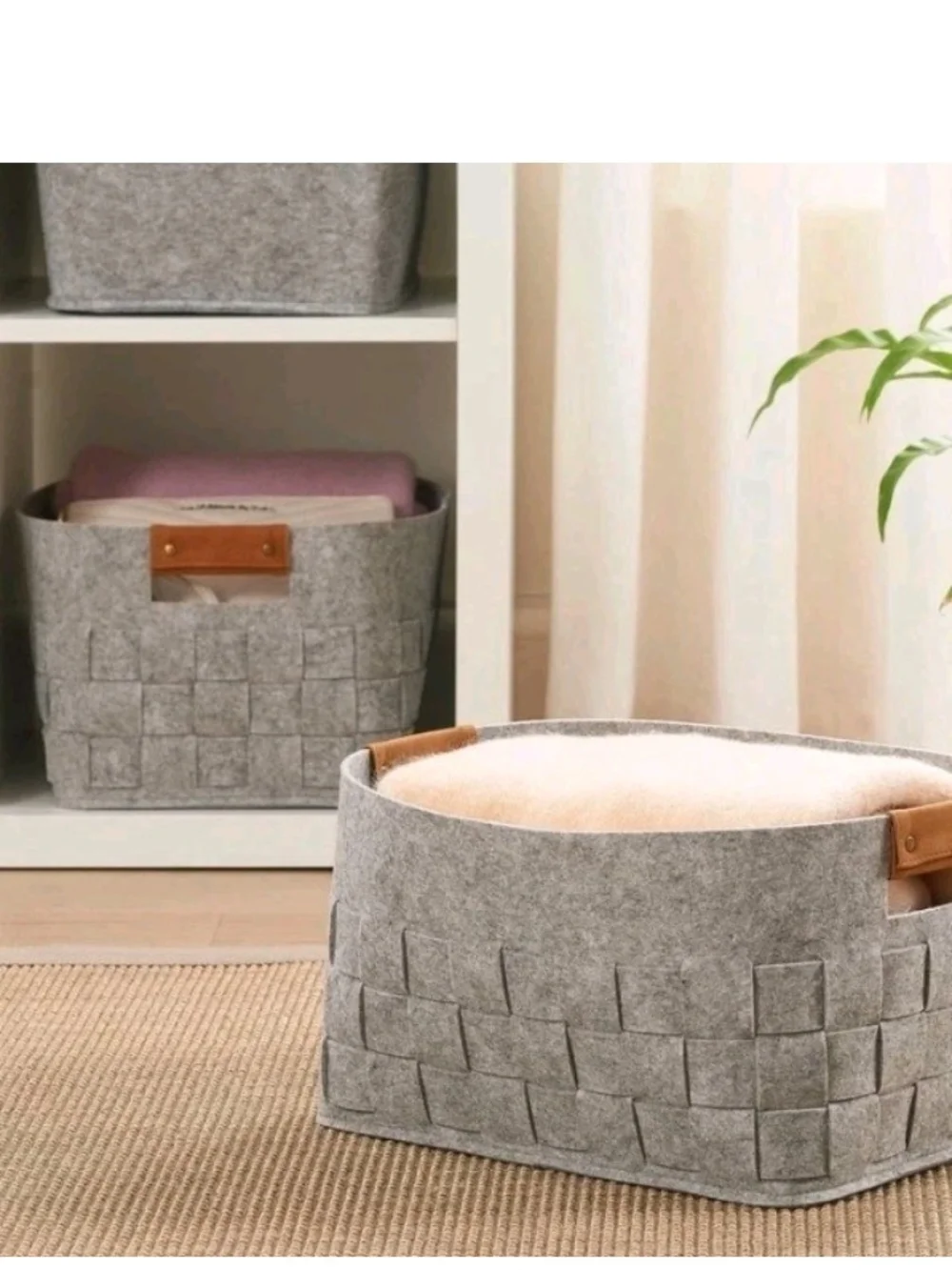 Home Accents Grey Felt Storage Baskets with Brown Handles - Set of 2   Nib
